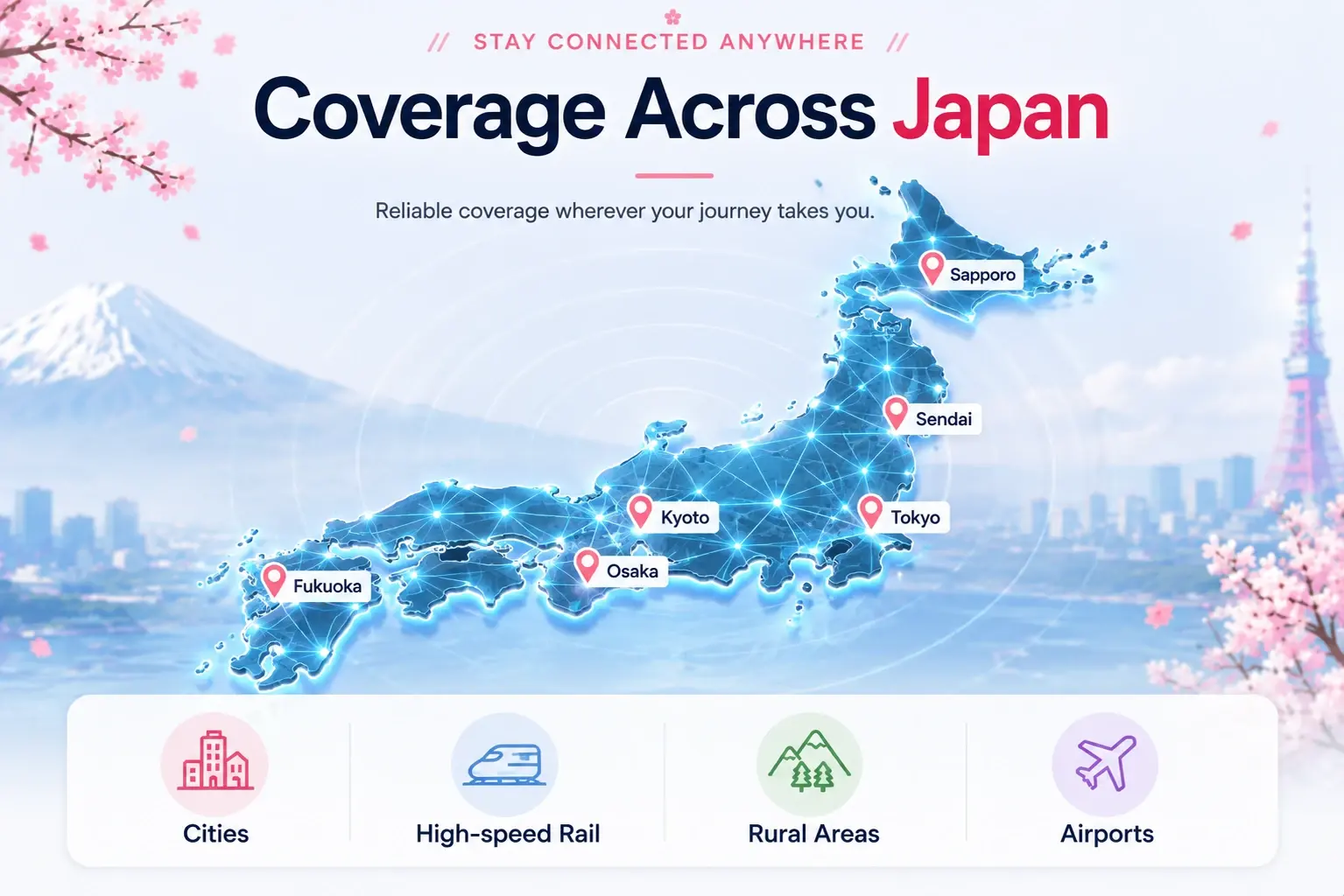 Map showing eSIM coverage across Japan