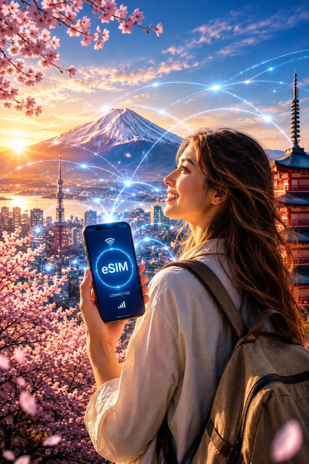 Traveler using an eSIM while exploring Japan