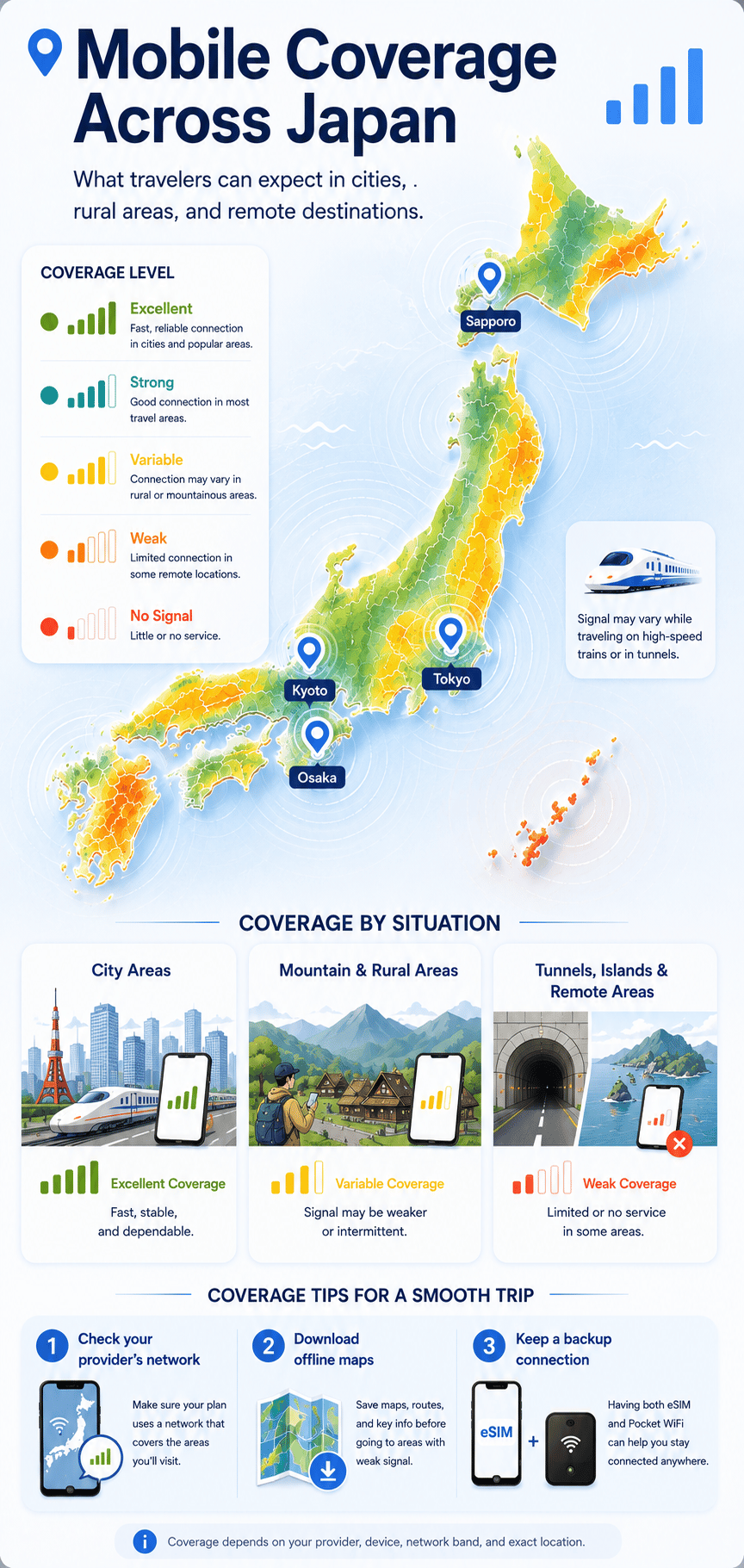 Japan mobile coverage guide for cities, rural areas, mountains, islands, tunnels, and high-speed trains