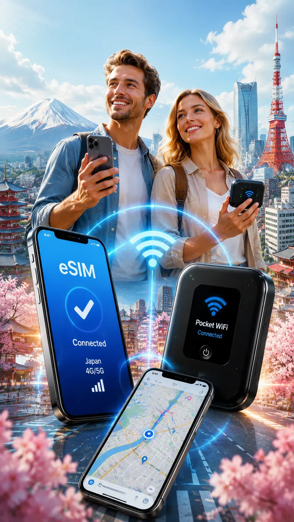 Two international travelers in Japan comparing an eSIM phone and a Pocket WiFi device
