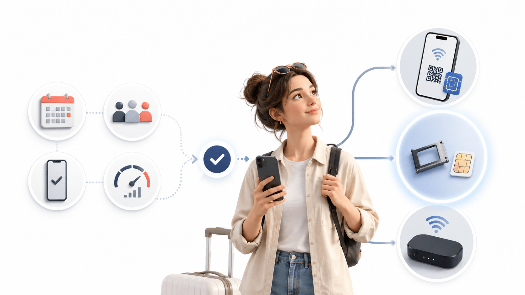 Illustration showing a traveler answering questions to find the most suitable Japan internet option