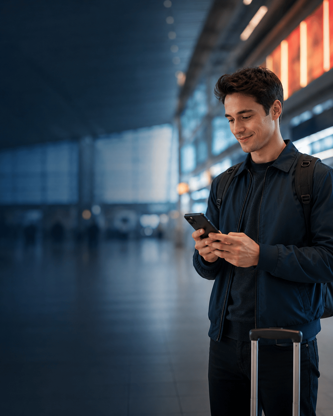 International traveler checking an eSIM at a Japanese airport