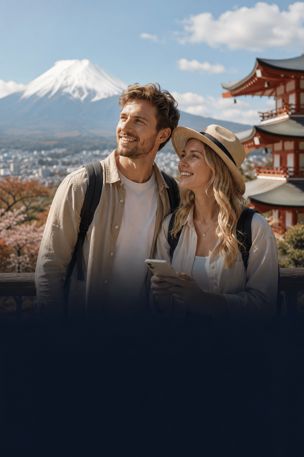 Travelers visiting Japan with Mount Fuji, cherry blossoms and a Japanese pagoda in the background